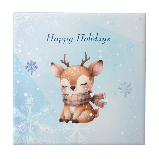 Cute Cartoon Deer in Snow Tile (Front)