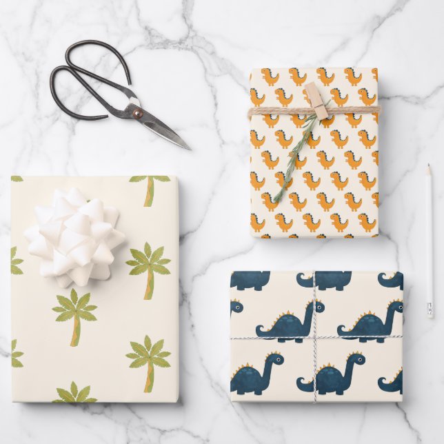 Cute Cartoon Dinosaur And Palm Tree Wrapping Paper Sheet (Front)