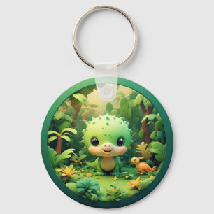 Cute Cartoon Dinosaur in Bamboo Forest Keychain