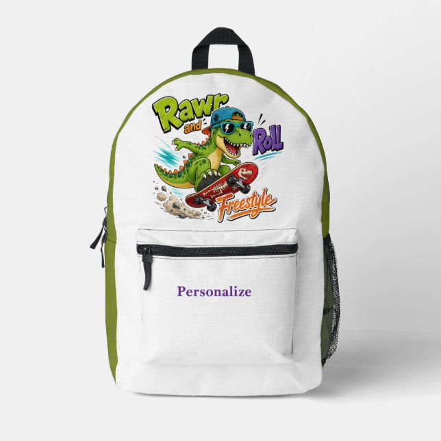 Cute Cartoon Dinosaur on Skateboard Personalized Printed Backpack (Front)