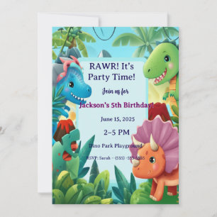 Cute Cartoon Dinosaur "RAWR! It's Party Time!" Boy Invitation