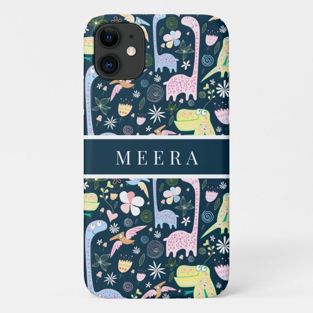 Cute Cartoon Dinosaurs Pattern Name Dark Blue Case-Mate iPhone Case (Back)