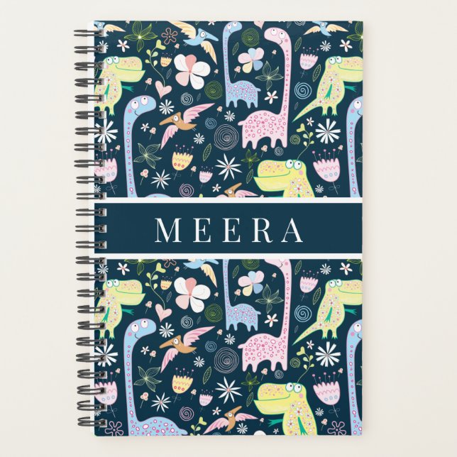 Cute Cartoon Dinosaurs Pattern Name Dark Blue Planner (Front)