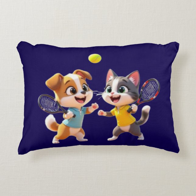 Cute Cartoon Dog and Cat Playing Padel Tennis – Fu Accent Pillow (Front)