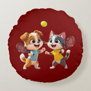 Cute Cartoon Dog and Cat Playing Padel Tennis – Fu Round Pillow