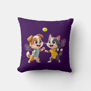 Cute Cartoon Dog and Cat Playing Padel Tennis – Fu Throw Pillow