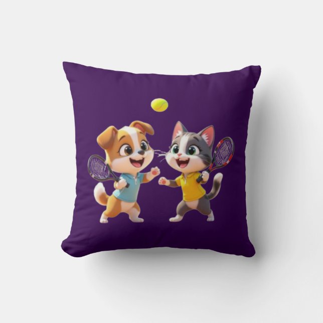 Cute Cartoon Dog and Cat Playing Padel Tennis – Fu Throw Pillow (Front)