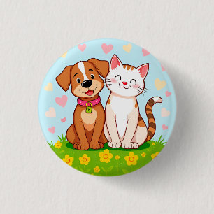 Cute Cartoon Dog and Cat Sitting Together 1 Inch Round Button