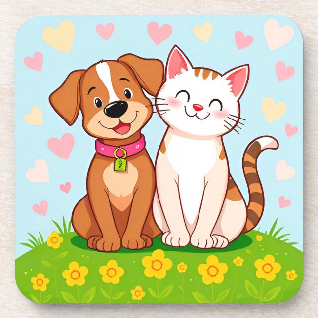 Cute Cartoon Dog and Cat Sitting Together Coaster (Front)