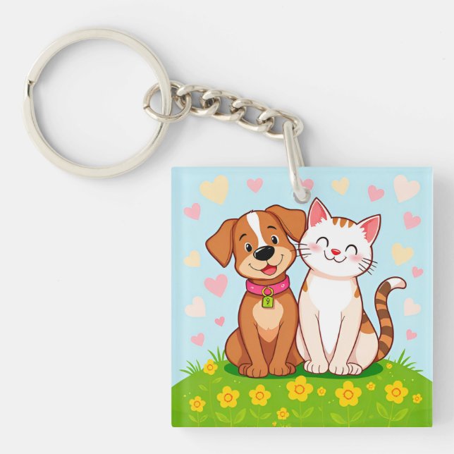 Cute Cartoon Dog and Cat Sitting Together Keychain (Front)