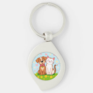 Cute Cartoon Dog and Cat Sitting Together Keychain