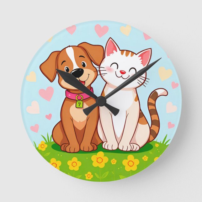 Cute Cartoon Dog and Cat Sitting Together Round Clock (Front)