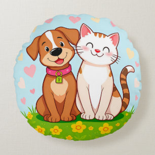 Cute Cartoon Dog and Cat Sitting Together Round Pillow