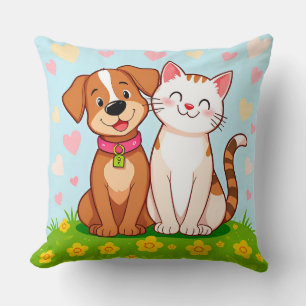 Cute Cartoon Dog and Cat Sitting Together Throw Pillow
