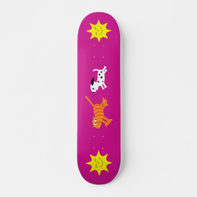 Cute Cartoon Dog Chasing Cat Pink Skateboard (Front)