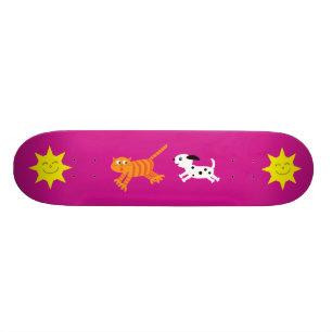 Cute Cartoon Dog Chasing Cat Pink Skateboard