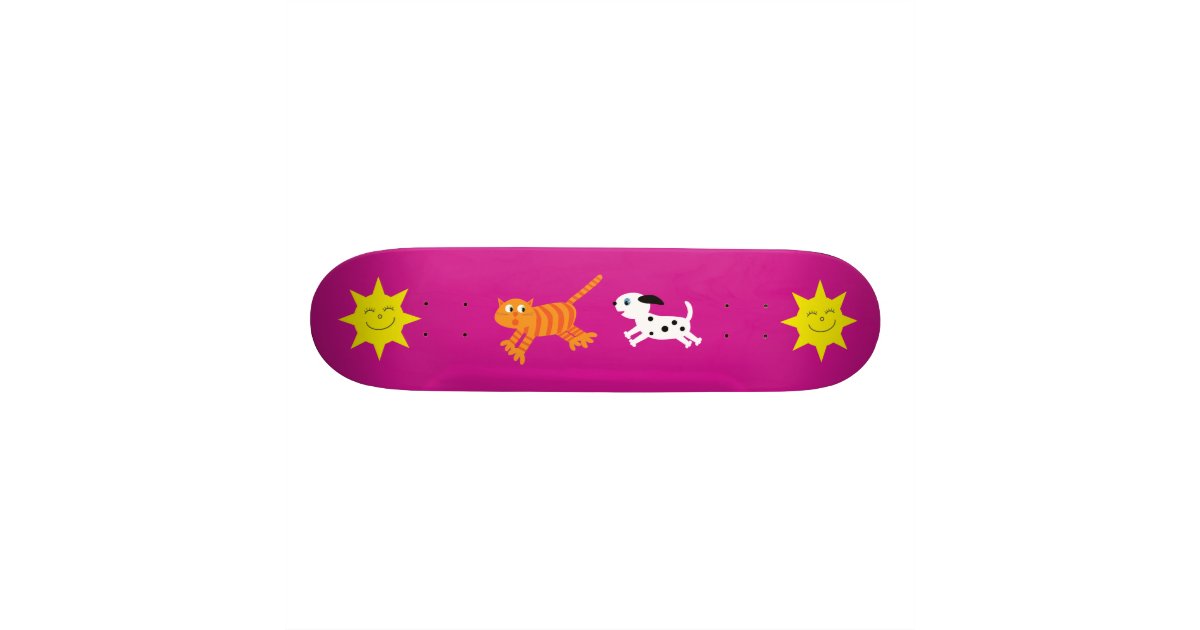 Cute Cartoon Dog Chasing Cat Pink Skateboard Zazzle Ca
