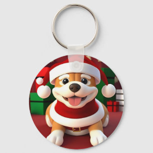 Cute Cartoon Dog in Santa Outfit Keychain