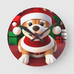 Cute Cartoon Dog in Santa Outfit  Round Clock