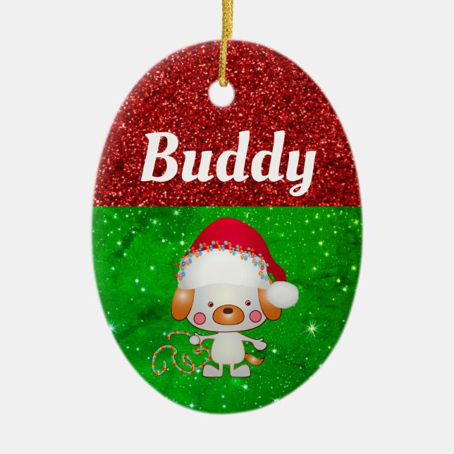 Cute Cartoon Dog Pet Name Christmas Ceramic Ornament (Front)