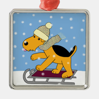 Cute Cartoon Dog w Sled Premium Square Ornament