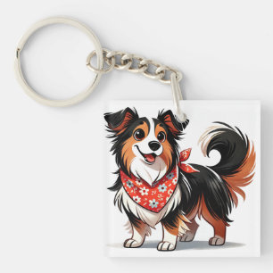Cute Cartoon Dog Wearing a Floral Bandana Keychain