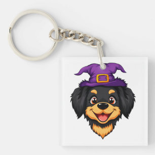 Cute Cartoon Dog Wearing a Purple Witch Hat Keychain