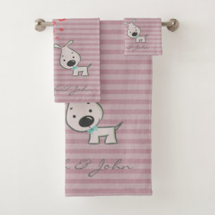 Cute Cartoon Dogs In Love,Stripes  -Personalized Bath Towel Set