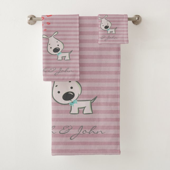 Cute Cartoon Dogs In Love,Stripes  -Personalized Bath Towel Set (Insitu)