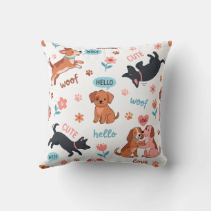 Cute Cartoon Dogs Playful Summer Aesthetic Throw Pillow