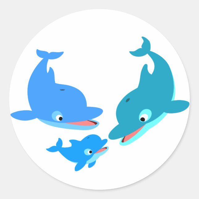 Cute Cartoon Dolphin Family Classic Round Sticker (Front)