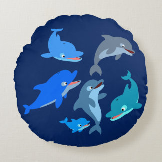 Cute Cartoon Dolphin Pod Round Pillow