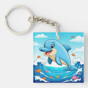 Cute Cartoon Dolphin Splashing in Water Keychain