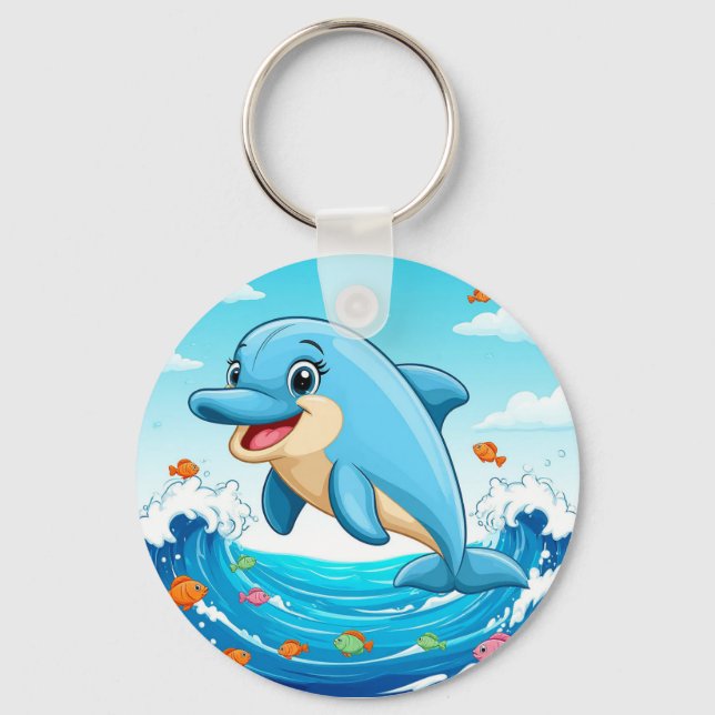 Cute Cartoon Dolphin Splashing in Water Keychain (Front)