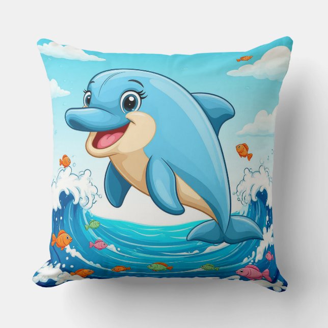 Cute Cartoon Dolphin Splashing in Water Throw Pillow (Front)