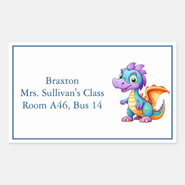 Cute Cartoon Dragon Kid's Nametag Sticker (Front)