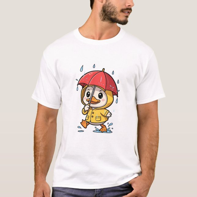 Cute Cartoon Duck Walking in Rain T-Shirt (Front)