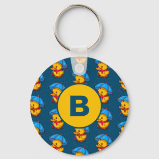 Cute Cartoon Ducks Under Umbrellas Monogram Keychain