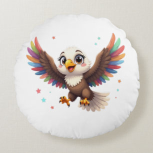Cute Cartoon Eagle Flying – Friendly Vector Art Round Pillow