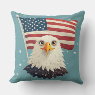 Cute Cartoon Eagle Head with Waving American Flag Throw Pillow