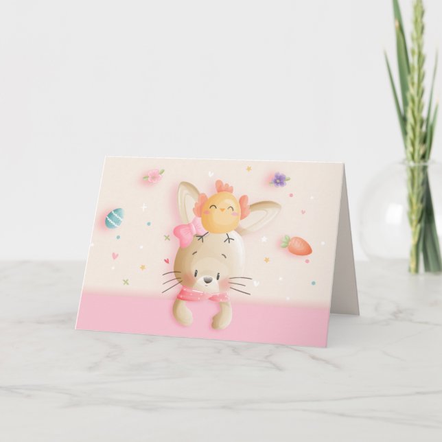 Cute Cartoon Easter Bunny & Chick Eggs Holiday Card (Front)