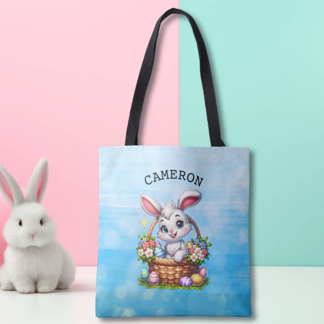 Cute Cartoon Easter Bunny in a Basket Personalized Tote Bag (Creator Uploaded)