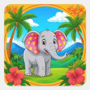 🐘 Cute Cartoon Elephant Jungle Animal  🌿 Square Sticker