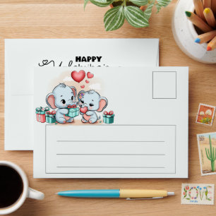 Cute Cartoon Elephant Lover Heart Valentines Day Envelope