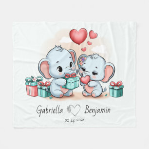 Cute Cartoon Elephant Lover Heart Valentines Day Fleece Blanket