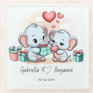 Cute Cartoon Elephant Lover Heart Valentines Day Glass Coaster