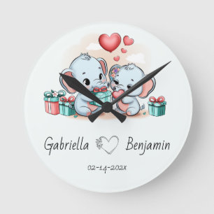 Cute Cartoon Elephant Lover Heart Valentines Day  Round Clock