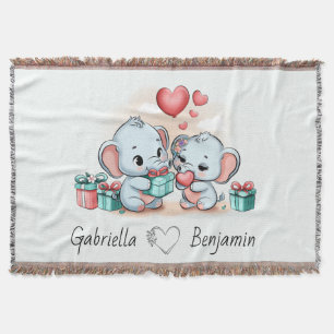 Cute Cartoon Elephant Lover Heart Valentines Day Throw Blanket
