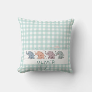 Cute Cartoon Elephants Gingham Throw Pillow