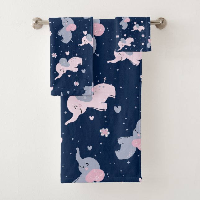 Cute cartoon elephants pattern on navy-blue bath towel set (Insitu)